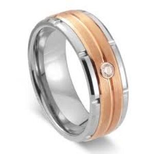 NWT-Tungsten Stainless Steel 8mm Rose Gold Plated Grooved Center 2mm CZ Ring.